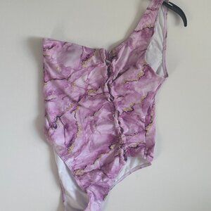 NWT one-shoulder swimsuit marble pink and gold